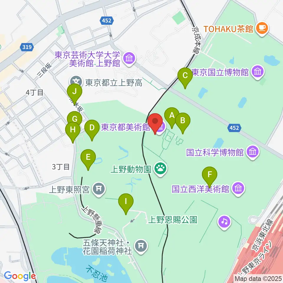 東京都美術館周辺のファミレス・ファーストフード一覧地図