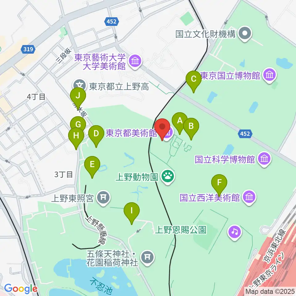 東京都美術館周辺のファミレス・ファーストフード一覧地図