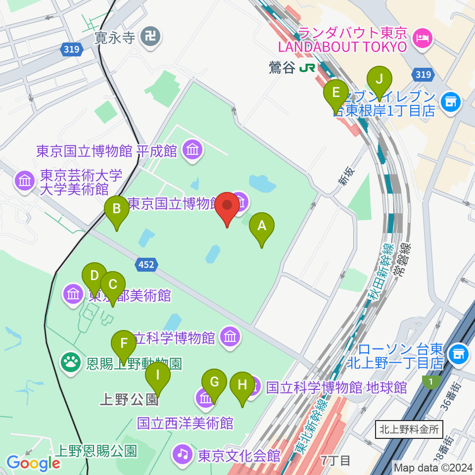 東京国立博物館・本館周辺のファミレス・ファーストフード一覧地図