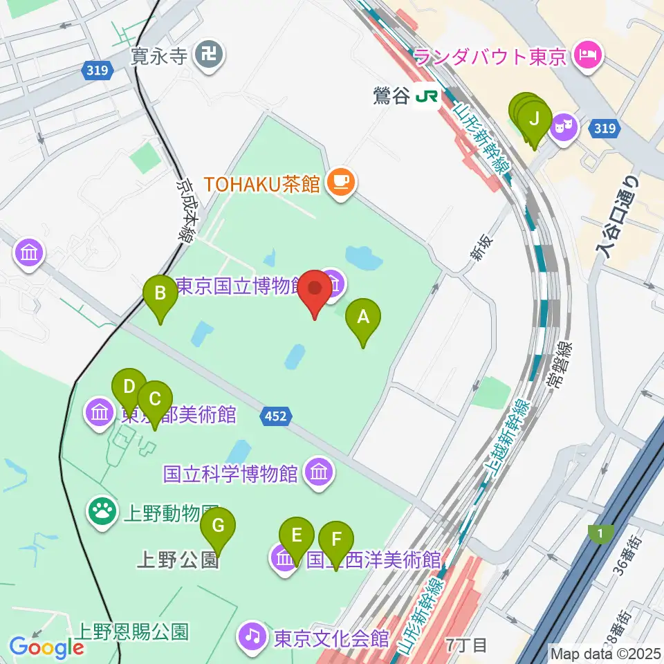 東京国立博物館・本館周辺のファミレス・ファーストフード一覧地図