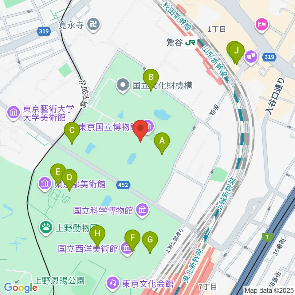 東京国立博物館・本館周辺のファミレス・ファーストフード一覧地図