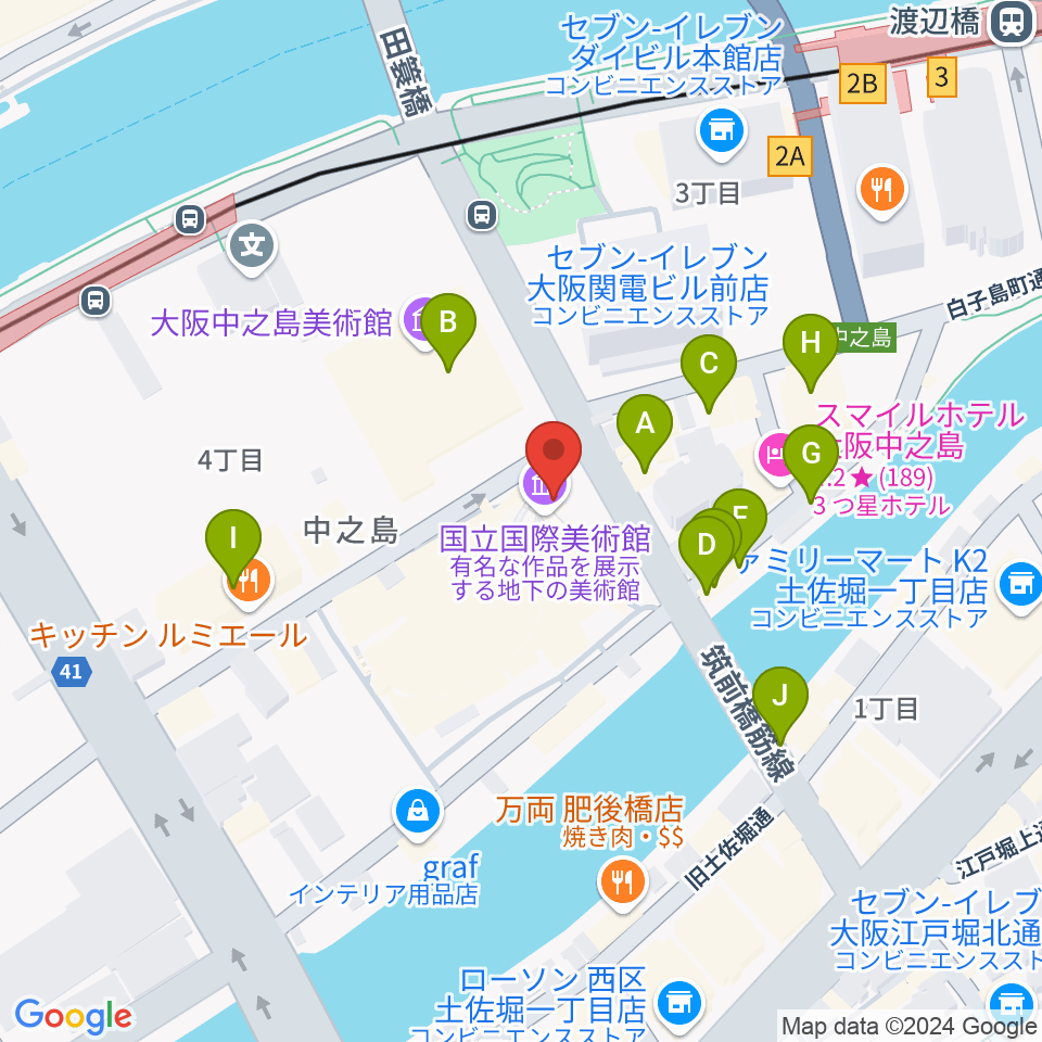 国立国際美術館周辺のファミレス・ファーストフード一覧地図