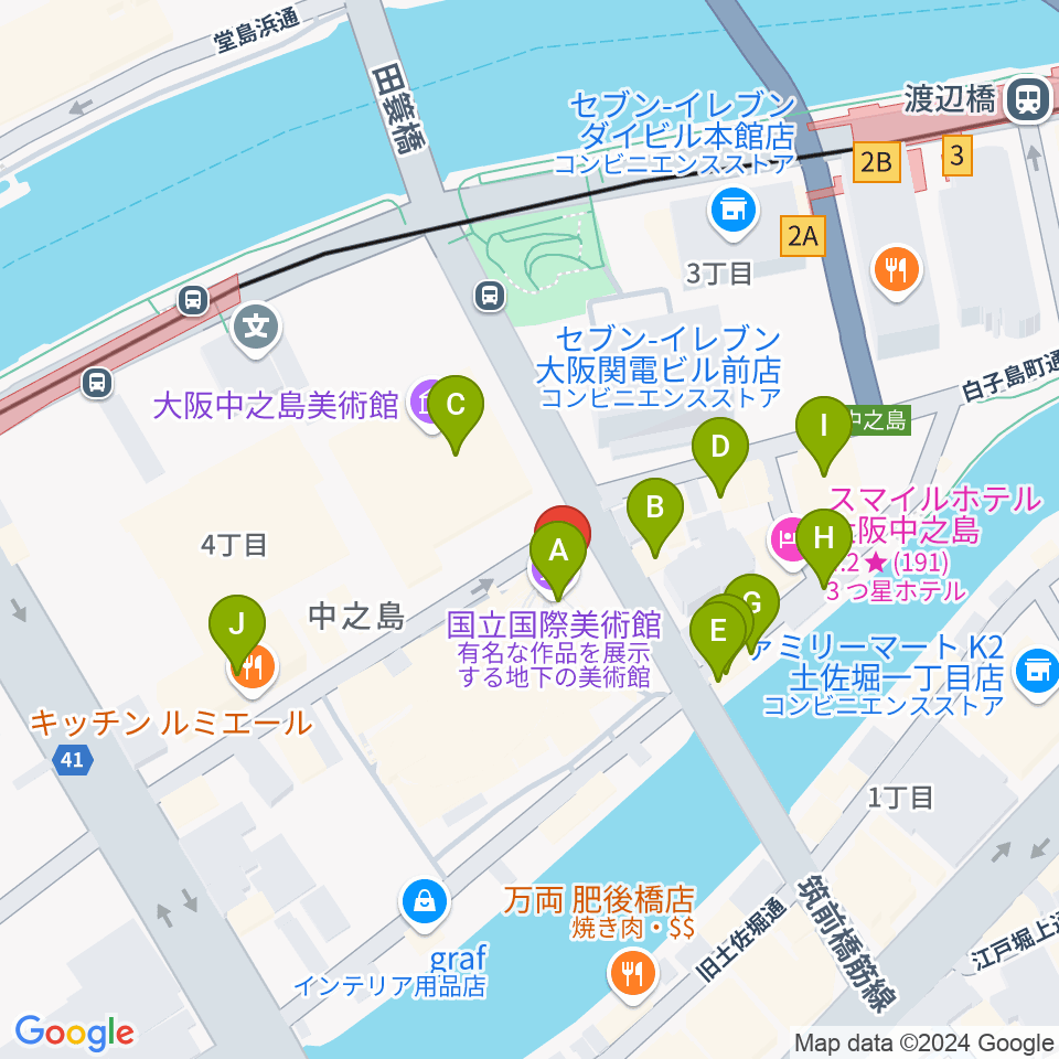 国立国際美術館周辺のファミレス・ファーストフード一覧地図