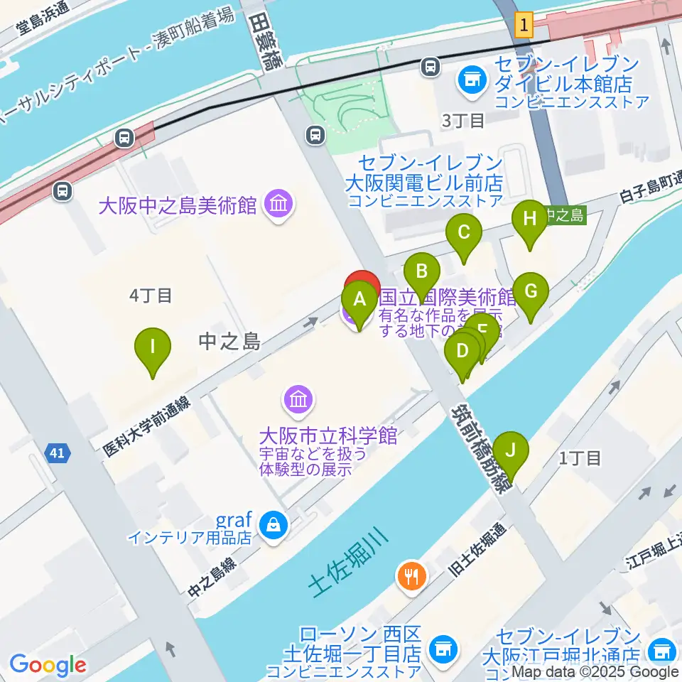 国立国際美術館周辺のファミレス・ファーストフード一覧地図