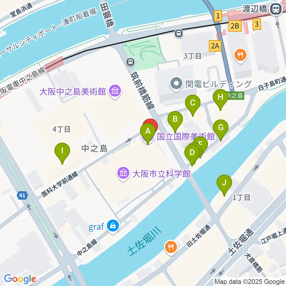 国立国際美術館周辺のファミレス・ファーストフード一覧地図
