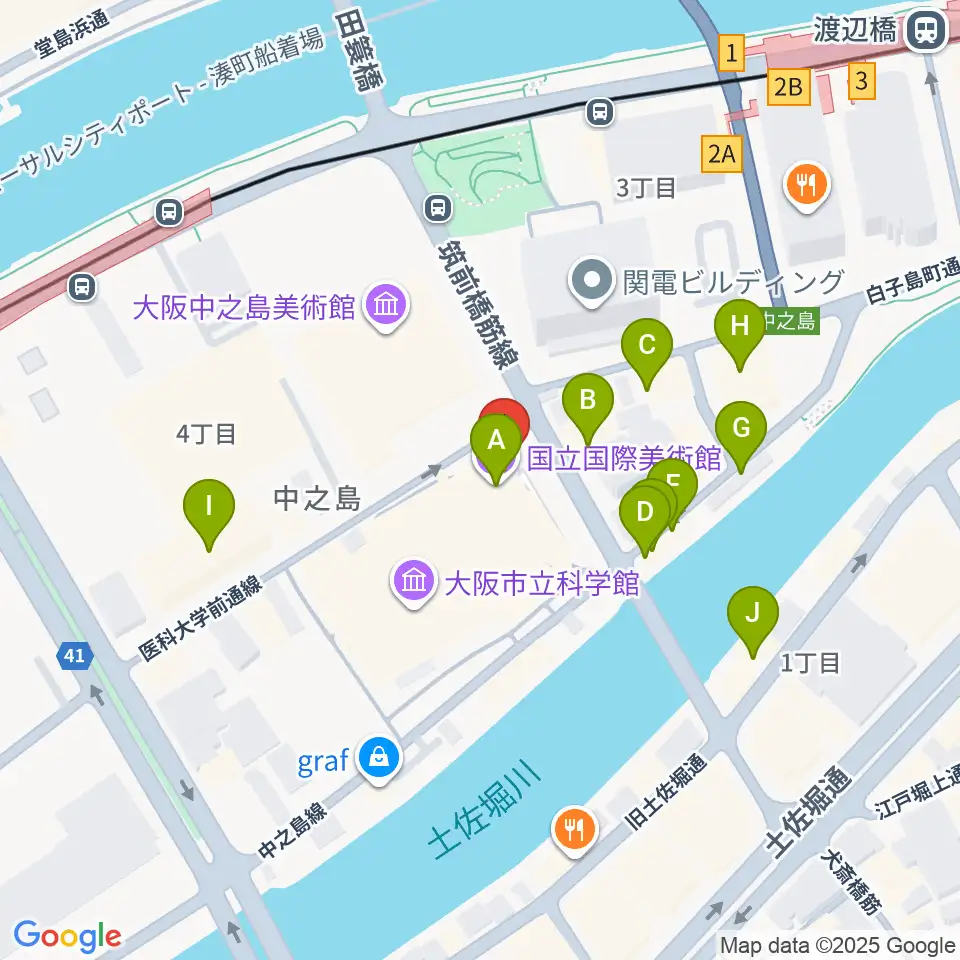 国立国際美術館周辺のファミレス・ファーストフード一覧地図