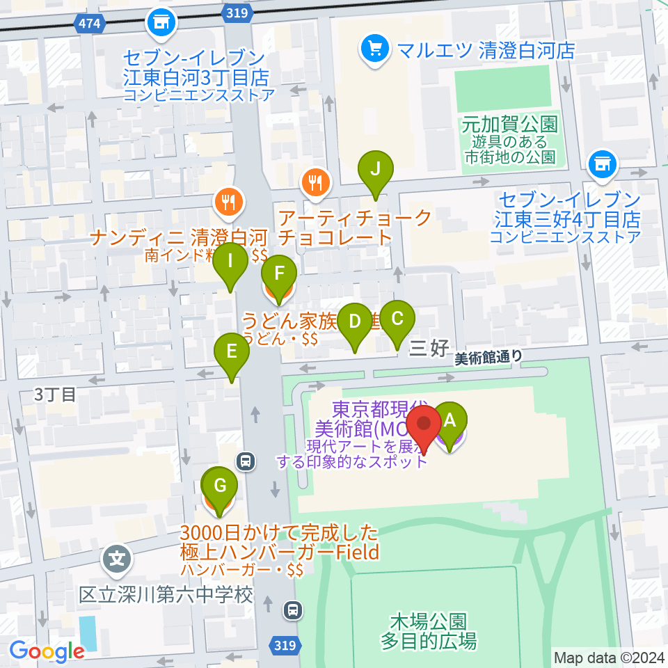 東京都現代美術館（MOT）周辺のファミレス・ファーストフード一覧地図