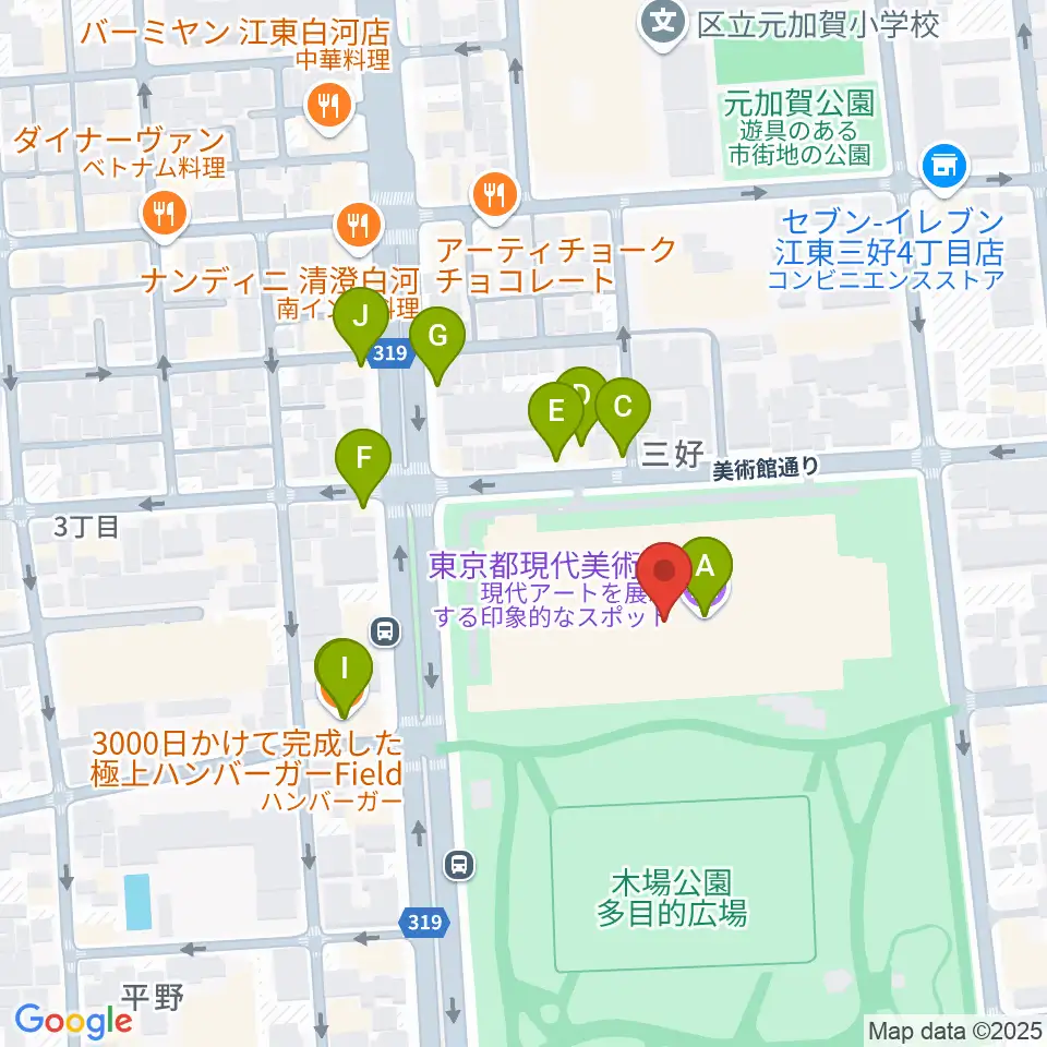 東京都現代美術館（MOT）周辺のファミレス・ファーストフード一覧地図