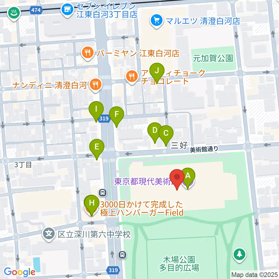 東京都現代美術館（MOT）周辺のファミレス・ファーストフード一覧地図