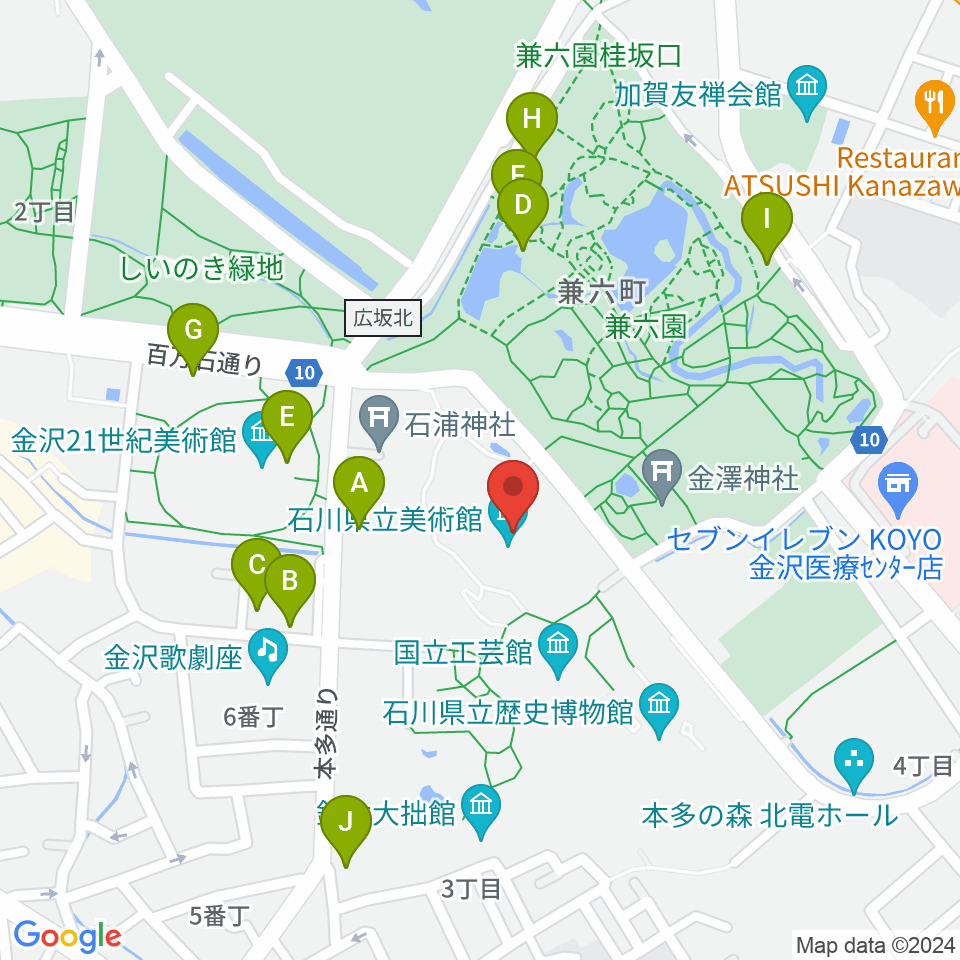石川県立美術館周辺のファミレス・ファーストフード一覧地図