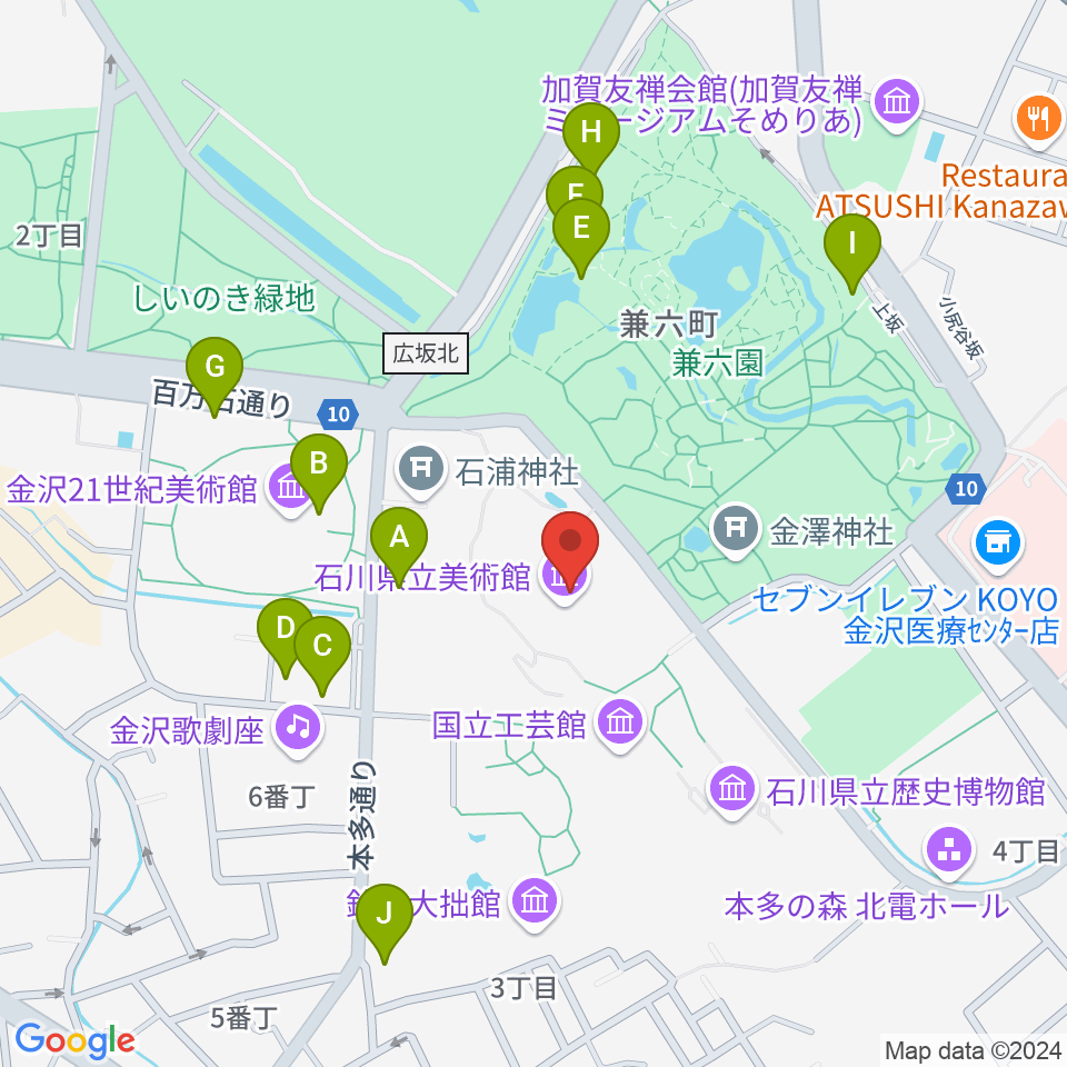 石川県立美術館周辺のファミレス・ファーストフード一覧地図