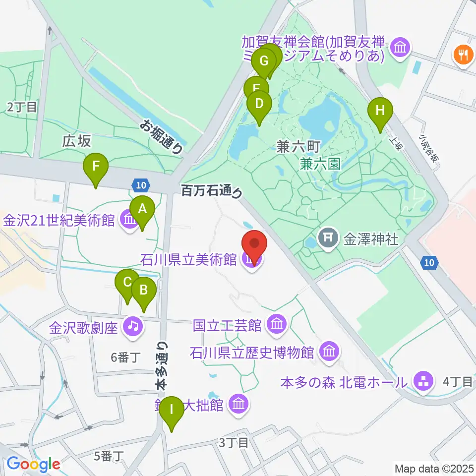 石川県立美術館周辺のファミレス・ファーストフード一覧地図
