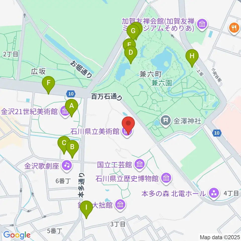 石川県立美術館周辺のファミレス・ファーストフード一覧地図