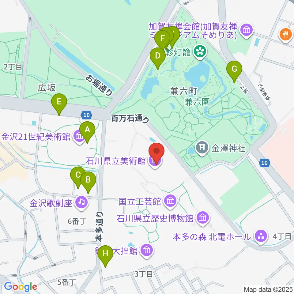 石川県立美術館周辺のファミレス・ファーストフード一覧地図