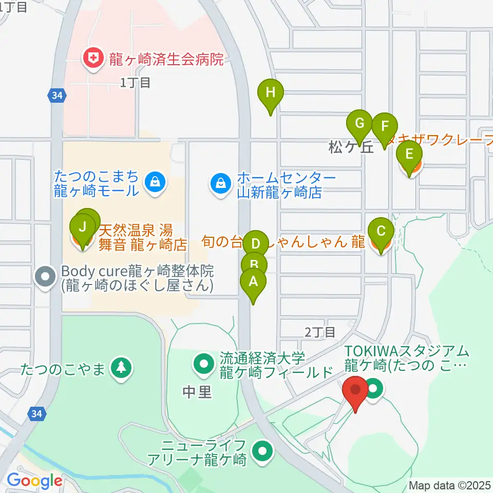 TOKIWAスタジアム龍ケ崎周辺のファミレス・ファーストフード一覧地図