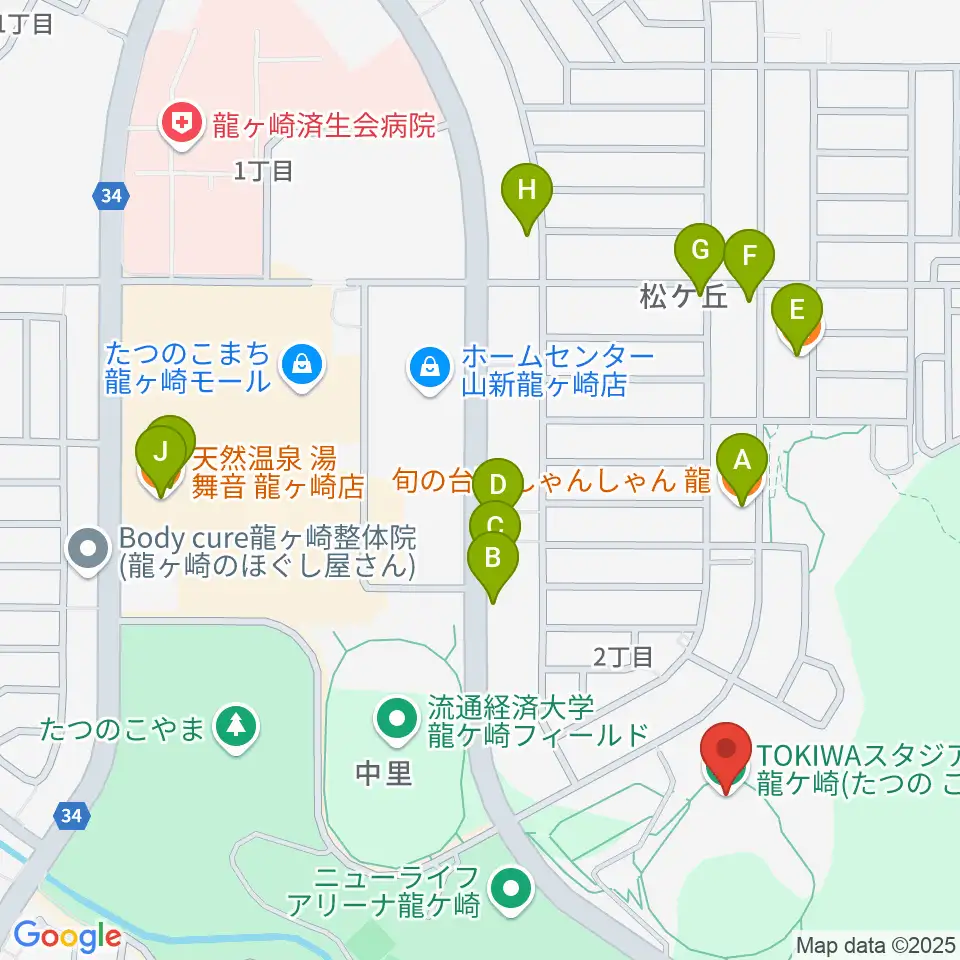 TOKIWAスタジアム龍ケ崎周辺のファミレス・ファーストフード一覧地図