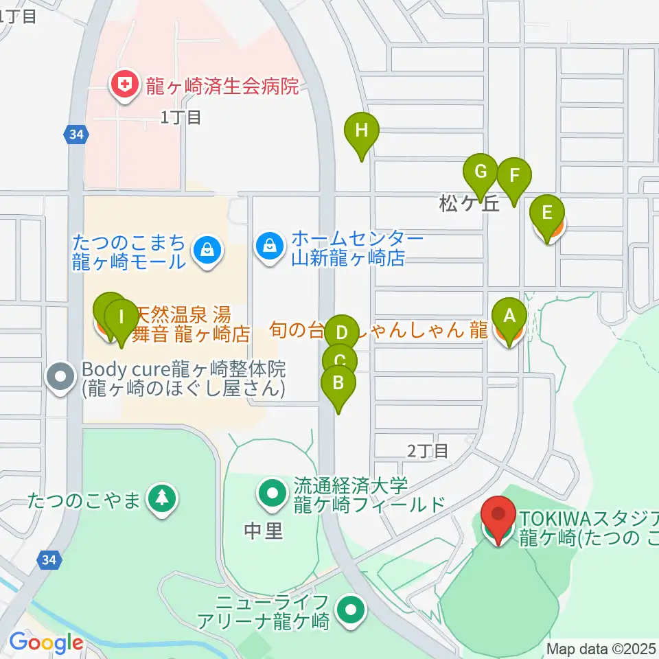 TOKIWAスタジアム龍ケ崎周辺のファミレス・ファーストフード一覧地図