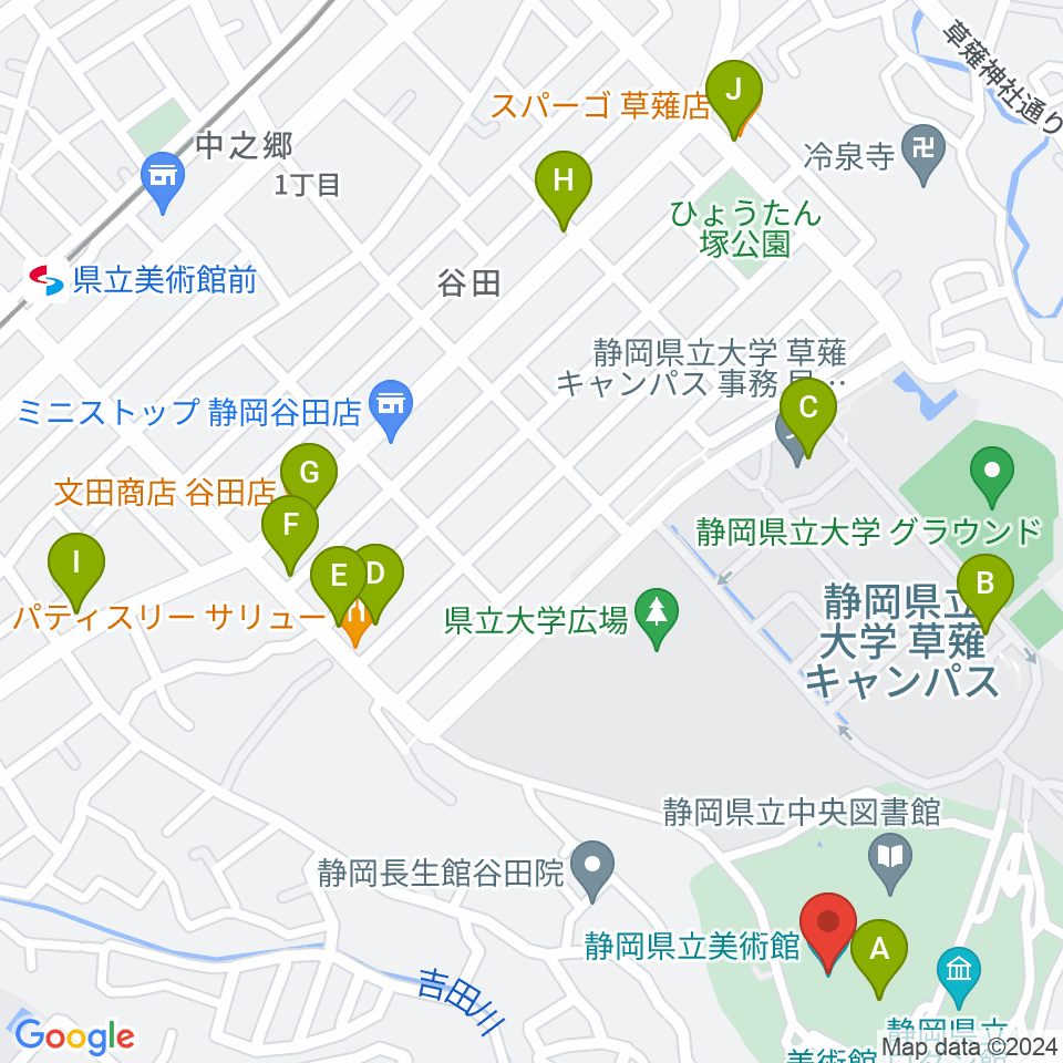 静岡県立美術館周辺のファミレス・ファーストフード一覧地図