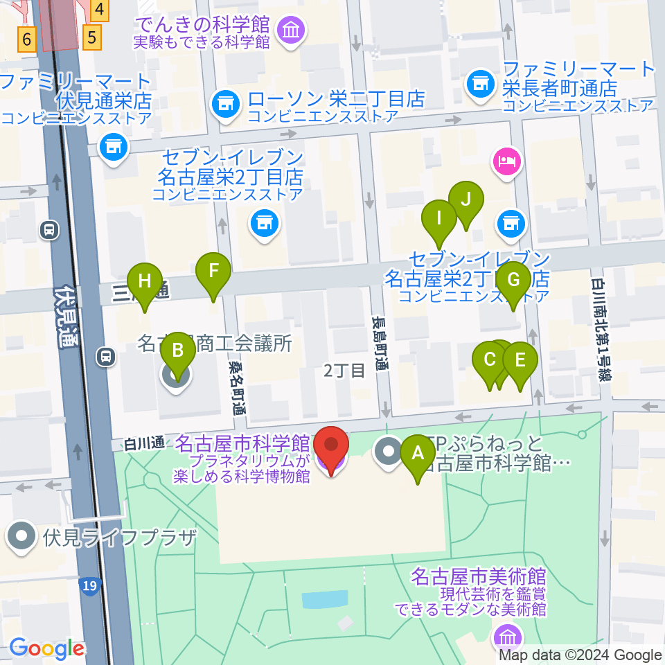 名古屋市科学館周辺のファミレス・ファーストフード一覧地図