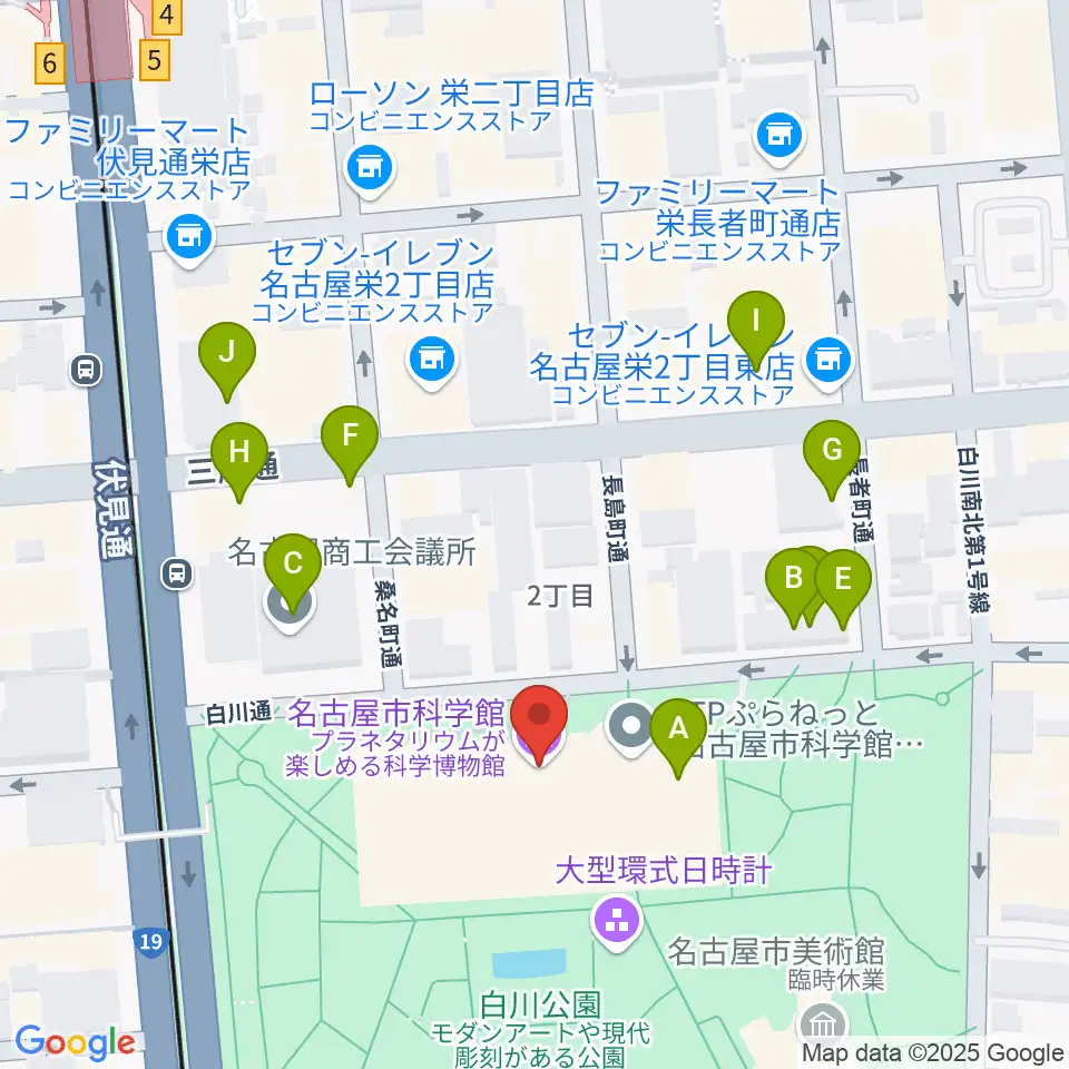 名古屋市科学館周辺のファミレス・ファーストフード一覧地図