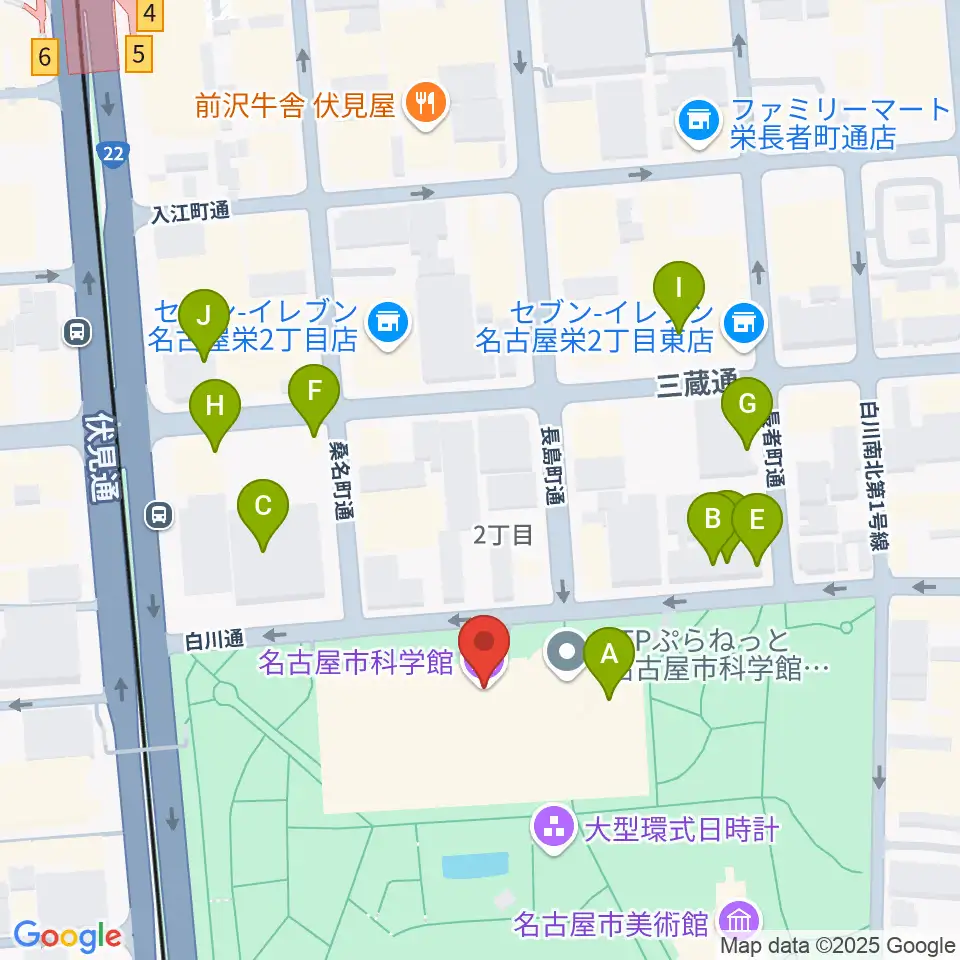 名古屋市科学館周辺のファミレス・ファーストフード一覧地図