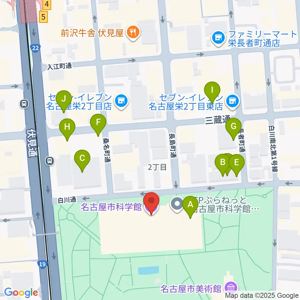 名古屋市科学館周辺のファミレス・ファーストフード一覧地図