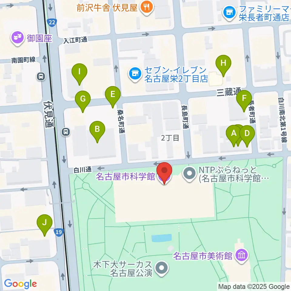 名古屋市科学館周辺のファミレス・ファーストフード一覧地図