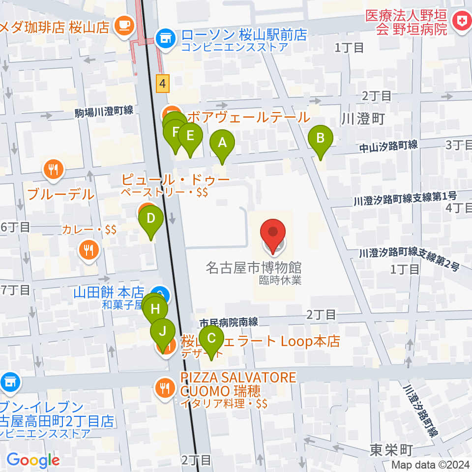 名古屋市博物館周辺のファミレス・ファーストフード一覧地図