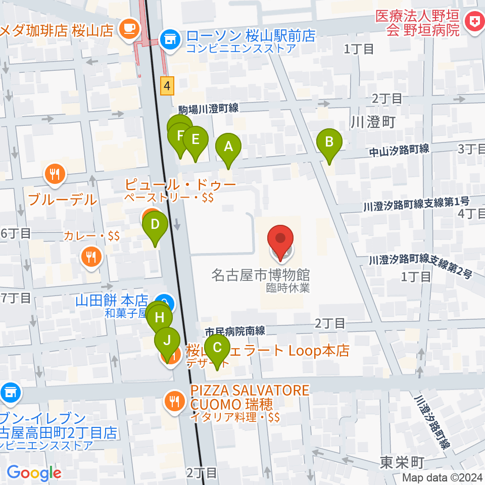 名古屋市博物館周辺のファミレス・ファーストフード一覧地図