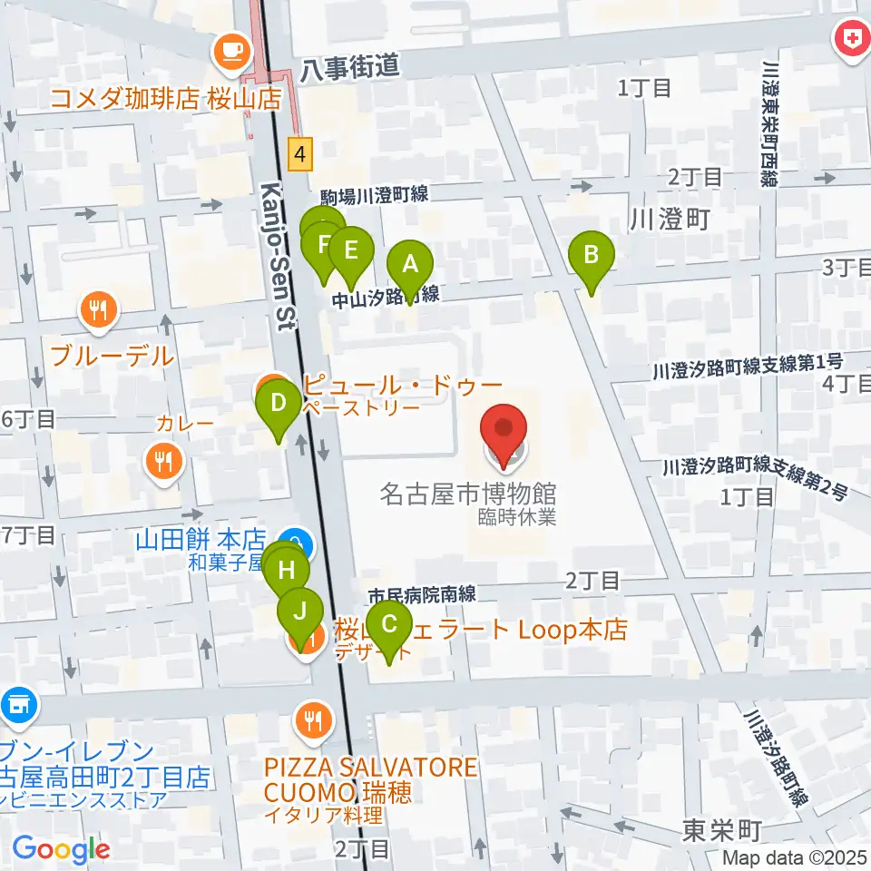 名古屋市博物館周辺のファミレス・ファーストフード一覧地図