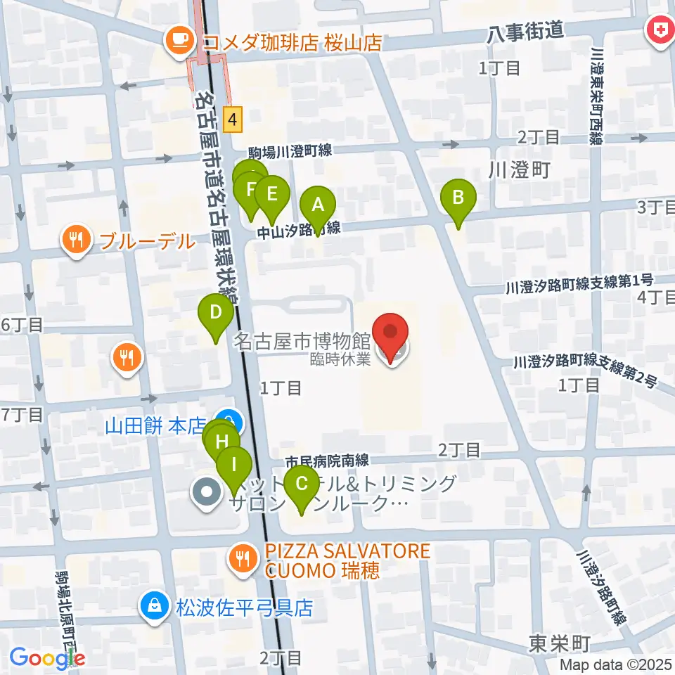 名古屋市博物館周辺のファミレス・ファーストフード一覧地図