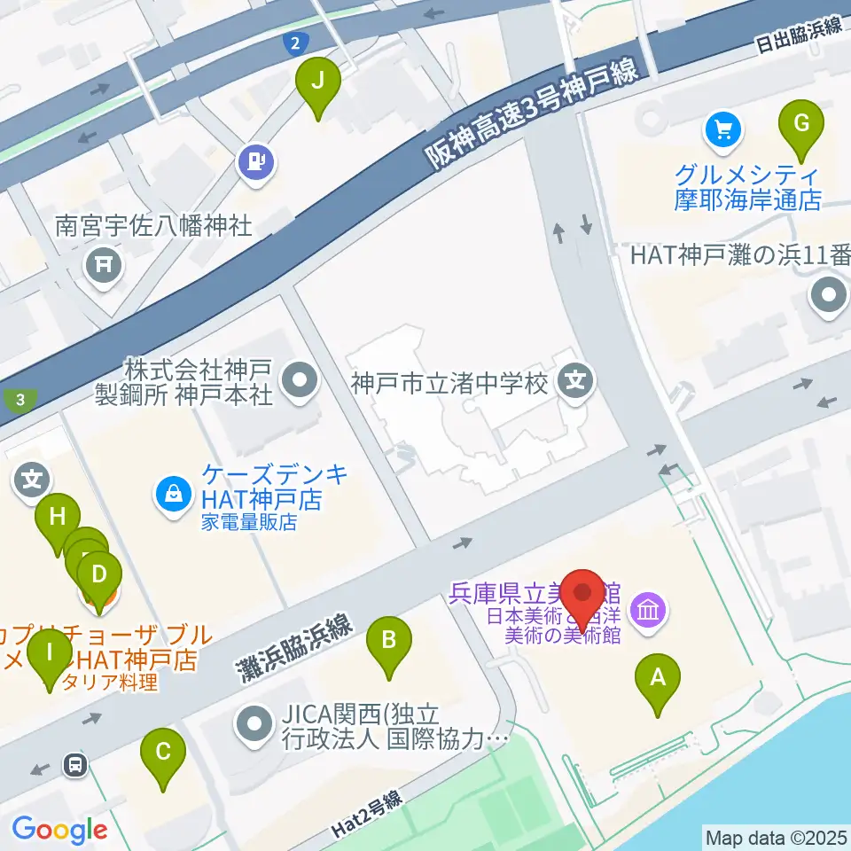 兵庫県立美術館周辺のファミレス・ファーストフード一覧地図