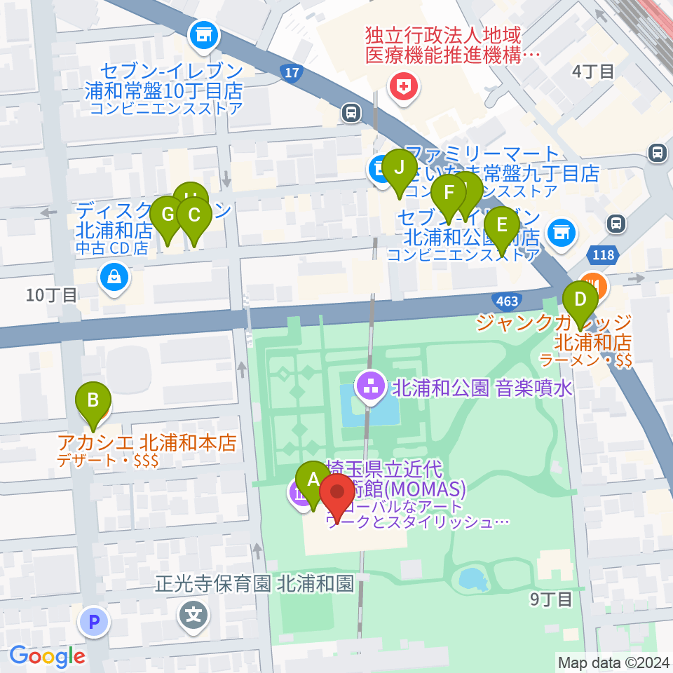 埼玉県立近代美術館周辺のファミレス・ファーストフード一覧地図