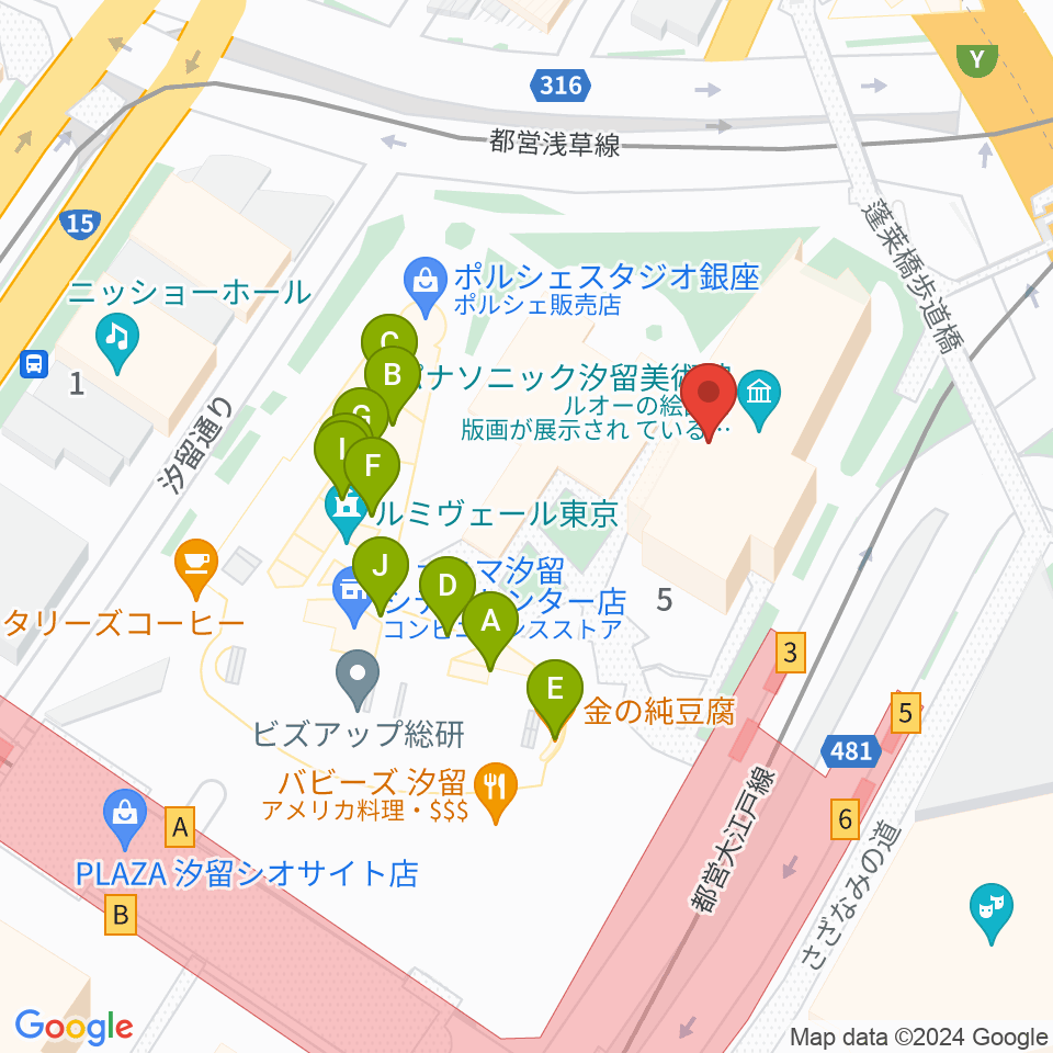 パナソニック汐留美術館周辺のファミレス・ファーストフード一覧地図