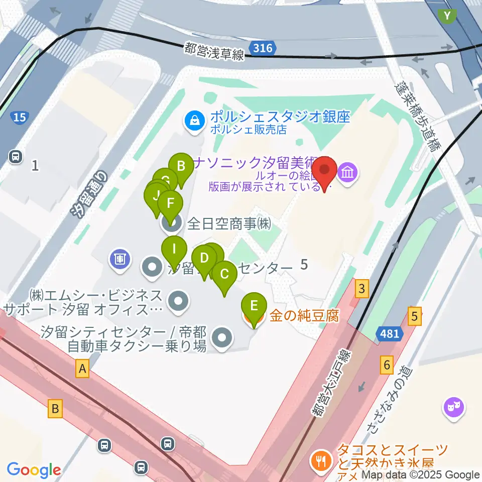 パナソニック汐留美術館周辺のファミレス・ファーストフード一覧地図