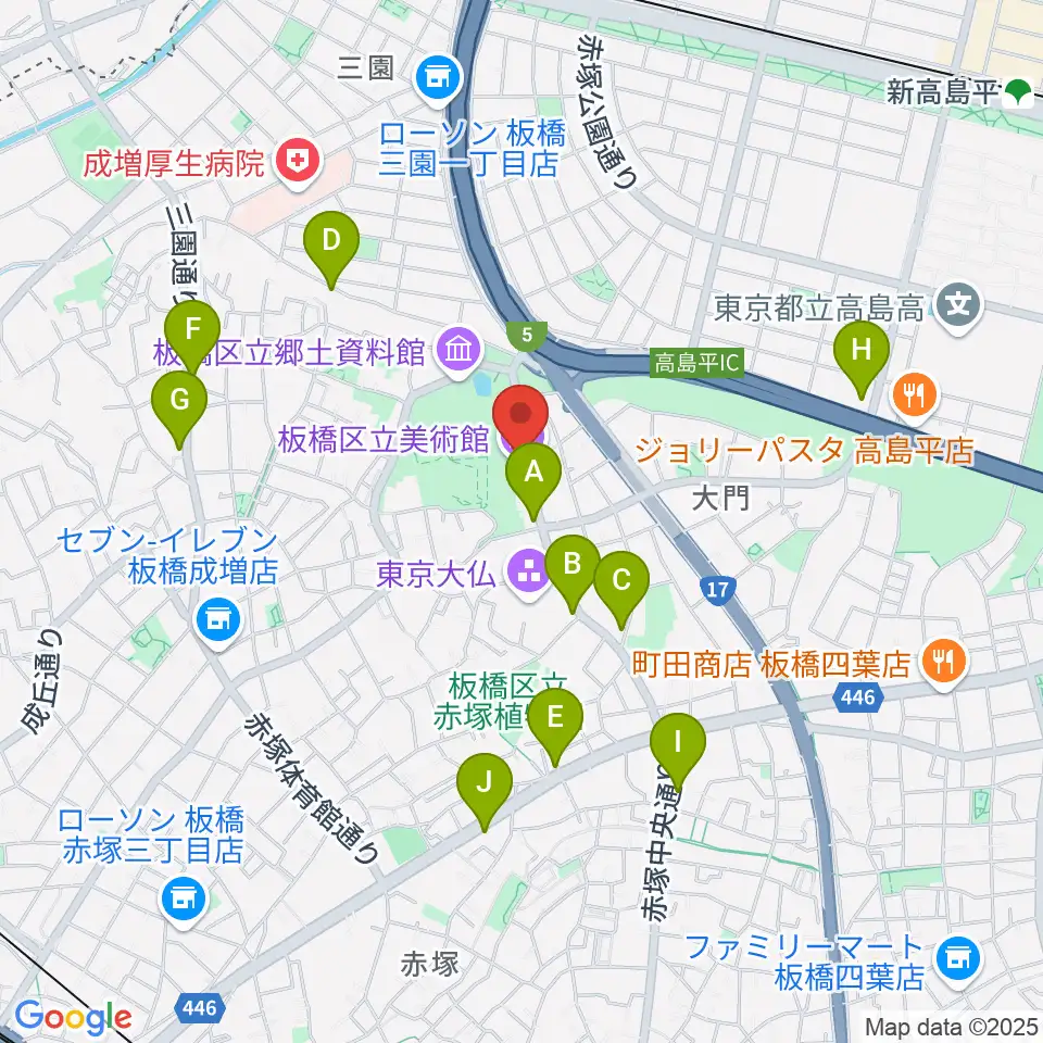 板橋区立美術館周辺のファミレス・ファーストフード一覧地図