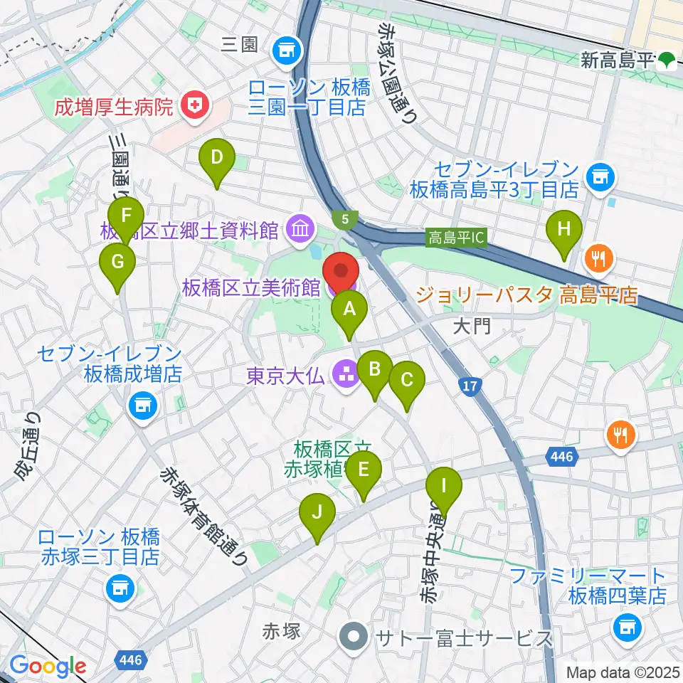 板橋区立美術館周辺のファミレス・ファーストフード一覧地図