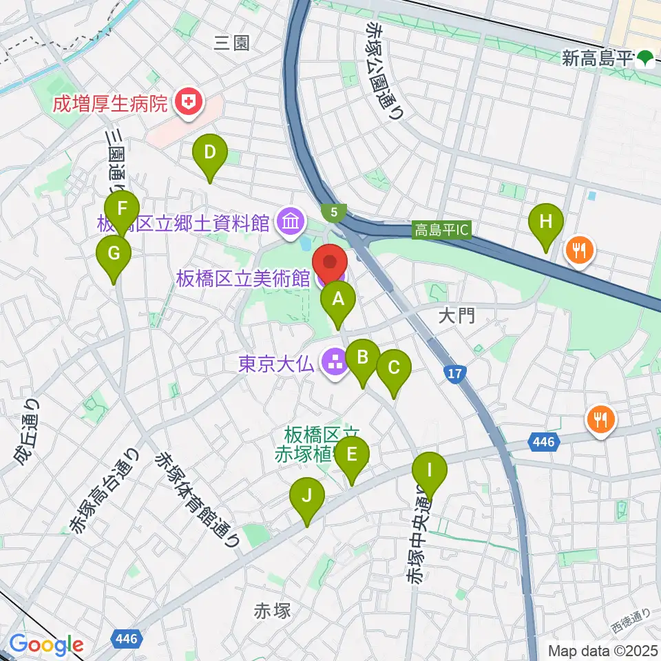 板橋区立美術館周辺のファミレス・ファーストフード一覧地図