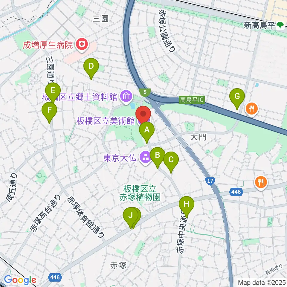 板橋区立美術館周辺のファミレス・ファーストフード一覧地図