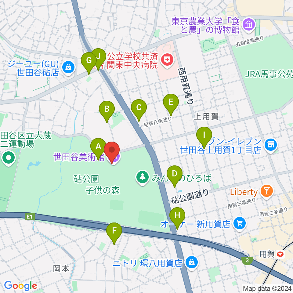 世田谷美術館周辺のファミレス・ファーストフード一覧地図