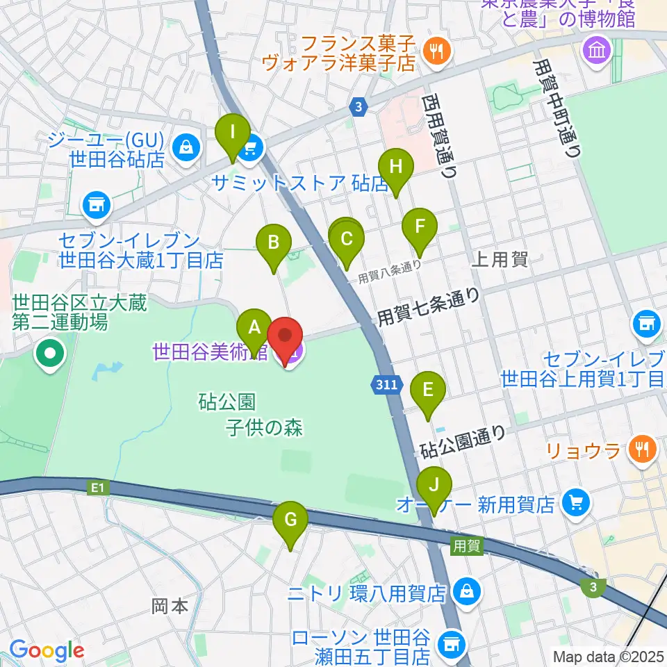 世田谷美術館周辺のファミレス・ファーストフード一覧地図