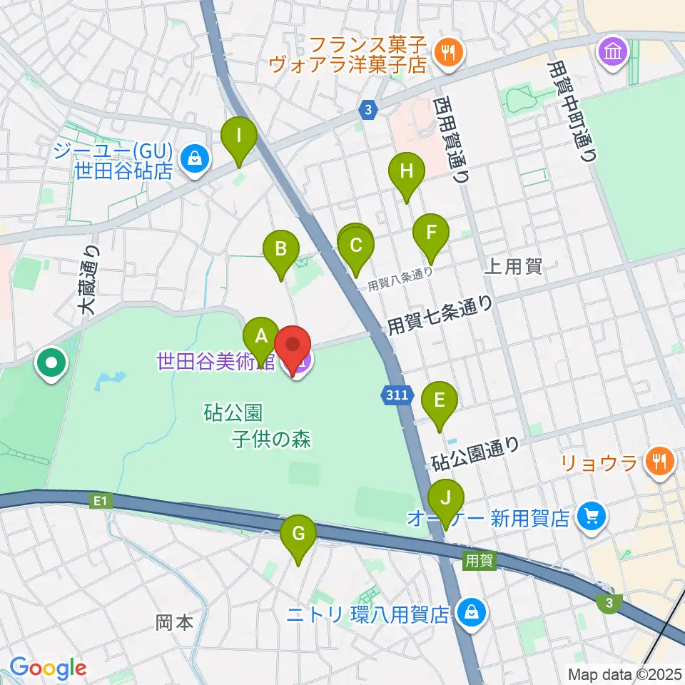 世田谷美術館周辺のファミレス・ファーストフード一覧地図