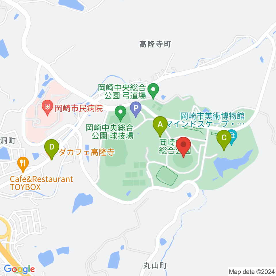 岡崎レッドダイヤモンドスタジアム周辺のファミレス・ファーストフード一覧地図