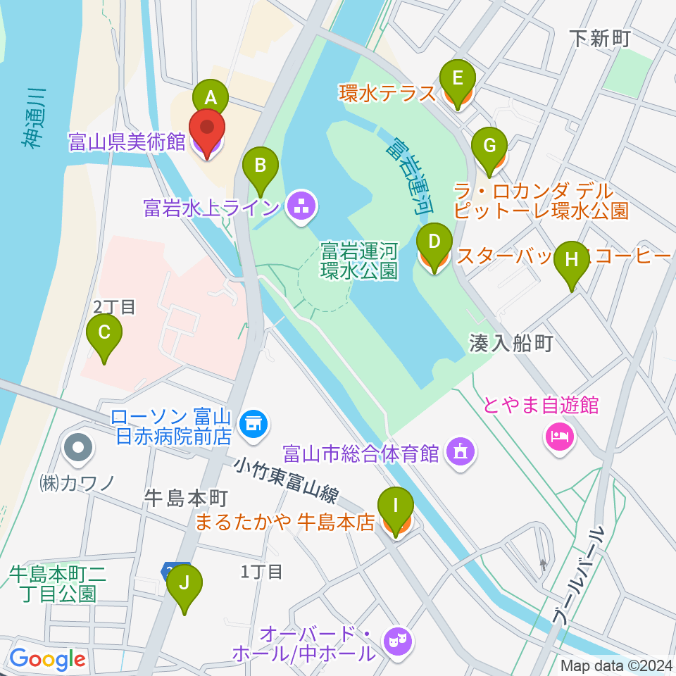 富山県美術館周辺のファミレス・ファーストフード一覧地図