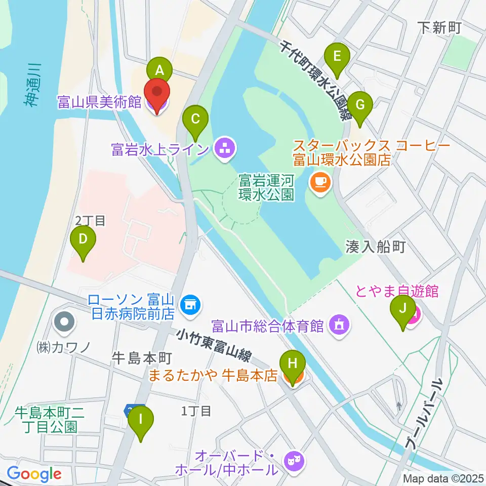 富山県美術館周辺のファミレス・ファーストフード一覧地図