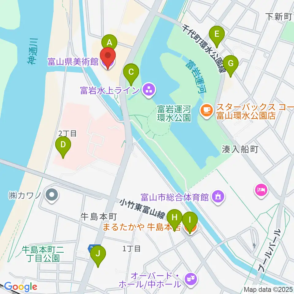 富山県美術館周辺のファミレス・ファーストフード一覧地図