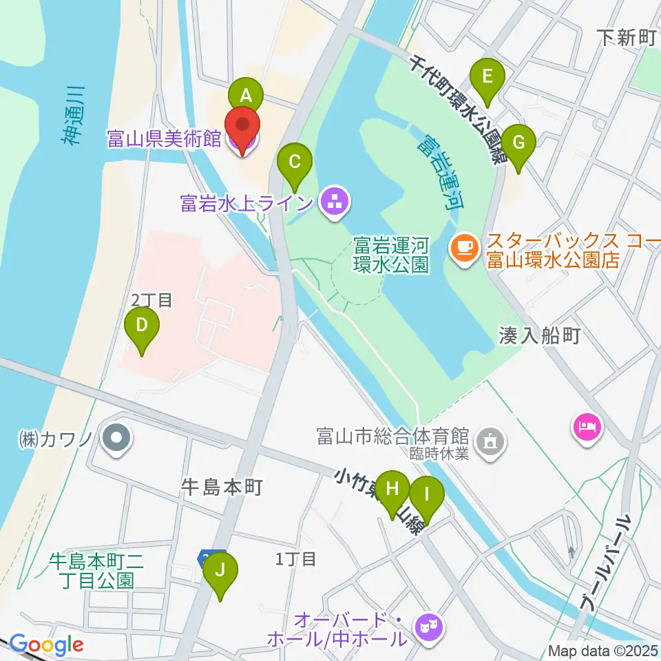 富山県美術館周辺のファミレス・ファーストフード一覧地図
