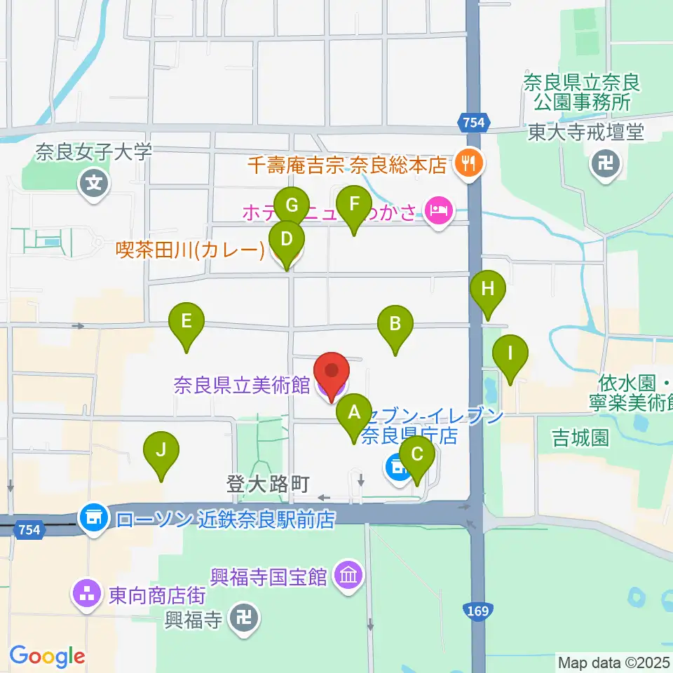 奈良県立美術館周辺のファミレス・ファーストフード一覧地図