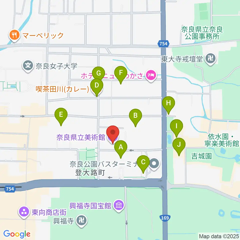 奈良県立美術館周辺のファミレス・ファーストフード一覧地図