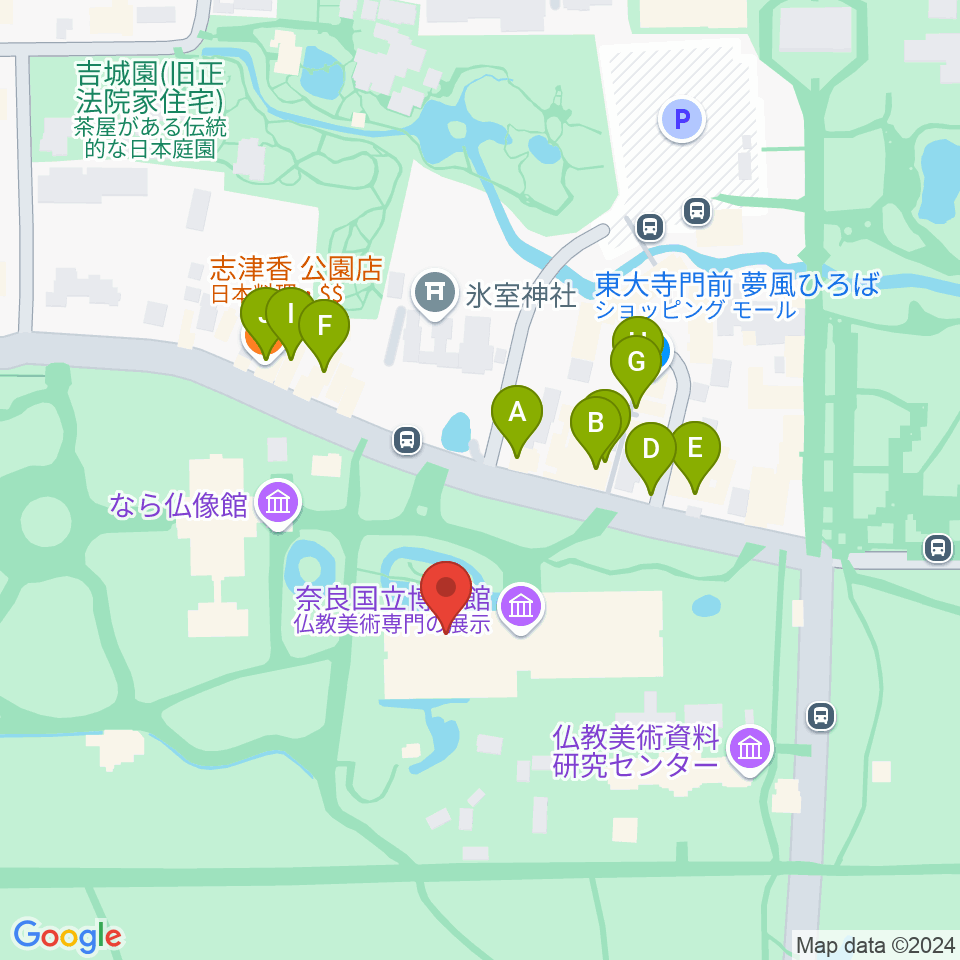 奈良国立博物館周辺のファミレス・ファーストフード一覧地図